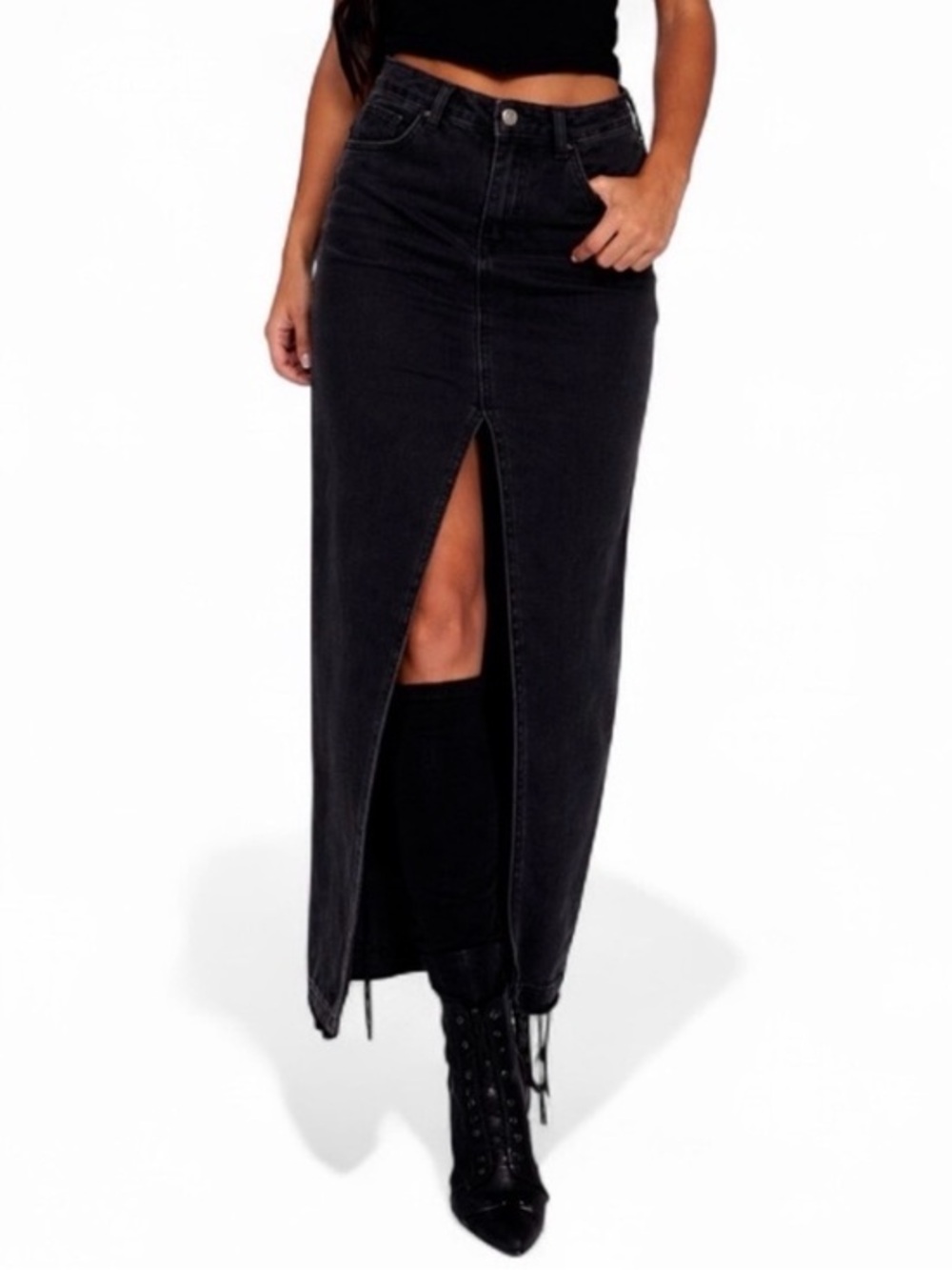 Happily Grey High Rise Front Slit Black Midi Jean Skirt Size 13/30